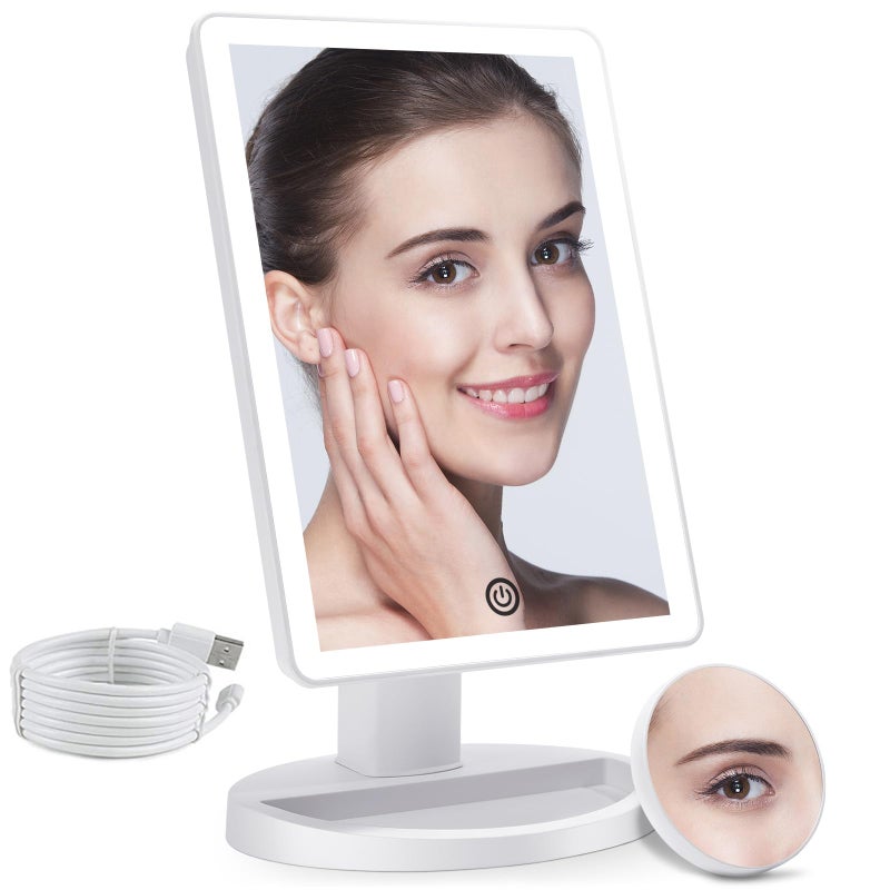 COSMIRROR مرآة تجميل COSMIRROR مع إضاءة بثلاثة ألوان، مرآة مكياج مضاءة مع 72 ضوء LED ومرآة مكبرة 10X، مصدر طاقة مزدوج، مرآة طاولة تجميل تدور 180 درجة - Image 1